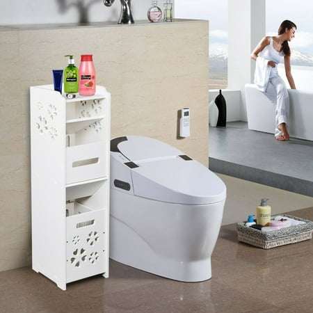 Bathroom Floor Units 3 Tier Bathroom Storage Cabinet with Garbage Can Bathroom Floor Standing Cabinet Unit Storage 3-Tier 25*25*80 White Wooden Bathroom Floor Cabinet Storage Organizer Rack Cupboard Free Standing Door ()