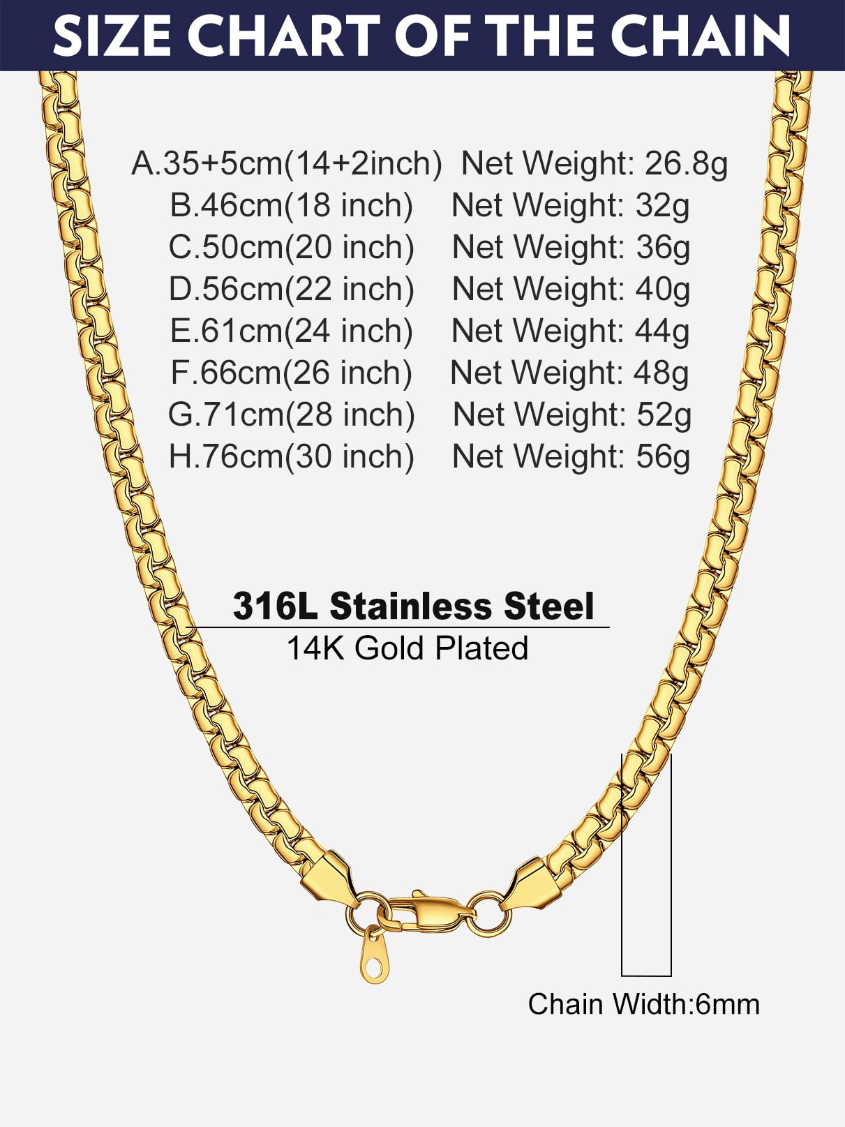 Bandmax 6MM Flat Box Link Chains Necklace for Men Women 14K Gold Plated Solid Stainless Steel Cable Chain Jewelry Birthday Father Day Gift for Mens Son Husband Dad