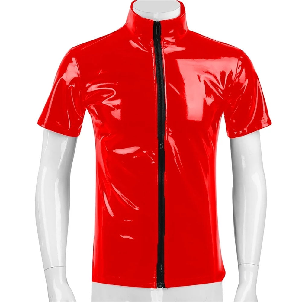  Men Shiny Leather T-Shirt, Glossy PVC Leather, Short Sleeve,  Shiny Latex Coat for Male Red : Clothing, Shoes & Jewelry