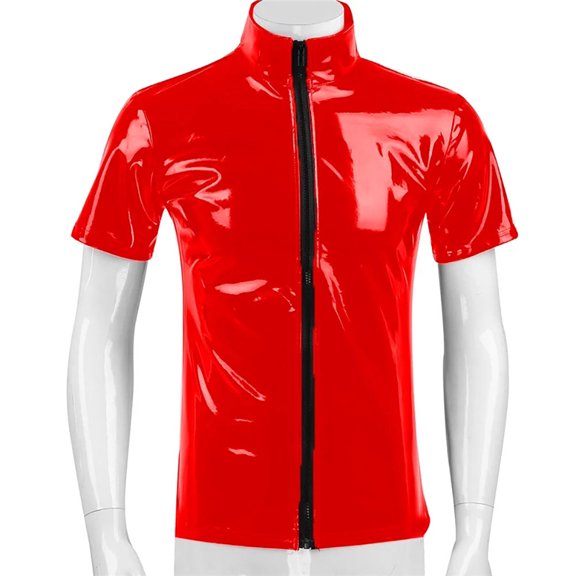 Men Short Sleeve Leather Shirt, Glossy PVC Leather, Plus Size S-7XL, Full Zipper, Shiny Latex Short Sleeve Coat for Male