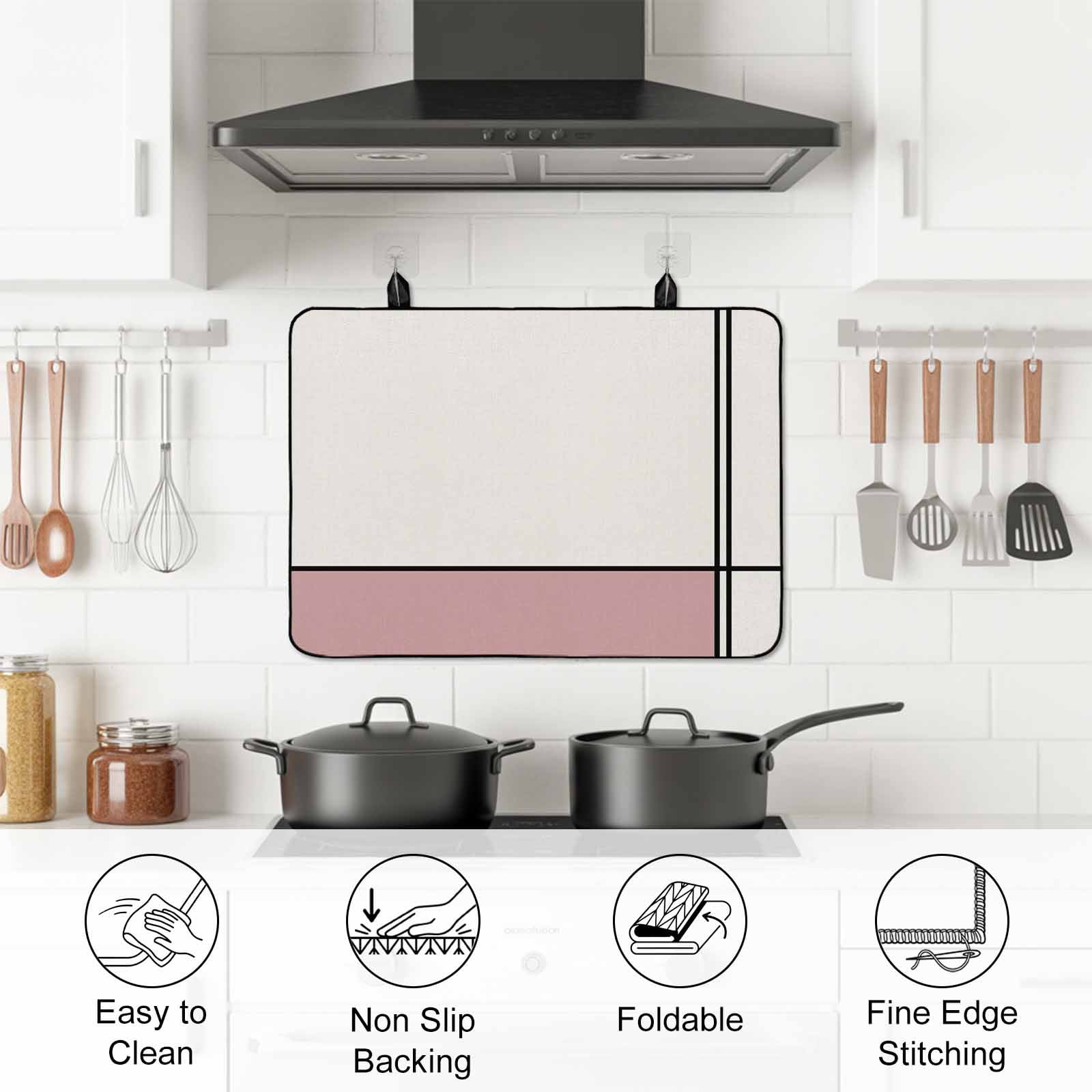 Pink Geometric Stove Top Cover for Electric Stove, Heat-proof & Non Slip Glass Top Stove Cover Protector, Modern Beige Color Block Black Lines Art Kitchen Flat Cooktop Rubber Mat 28.5x20.5 Inches