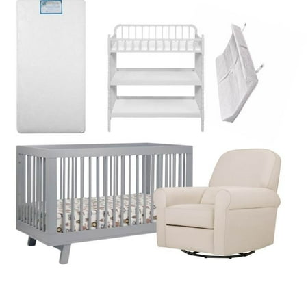 5 Piece Nursery Furniture Set With Crib And Changer With Reclining Chair In Gray White