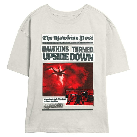 Netflix Juniors' Stranger Things Newspaper Hawkins Turned Upside Down T Shirt