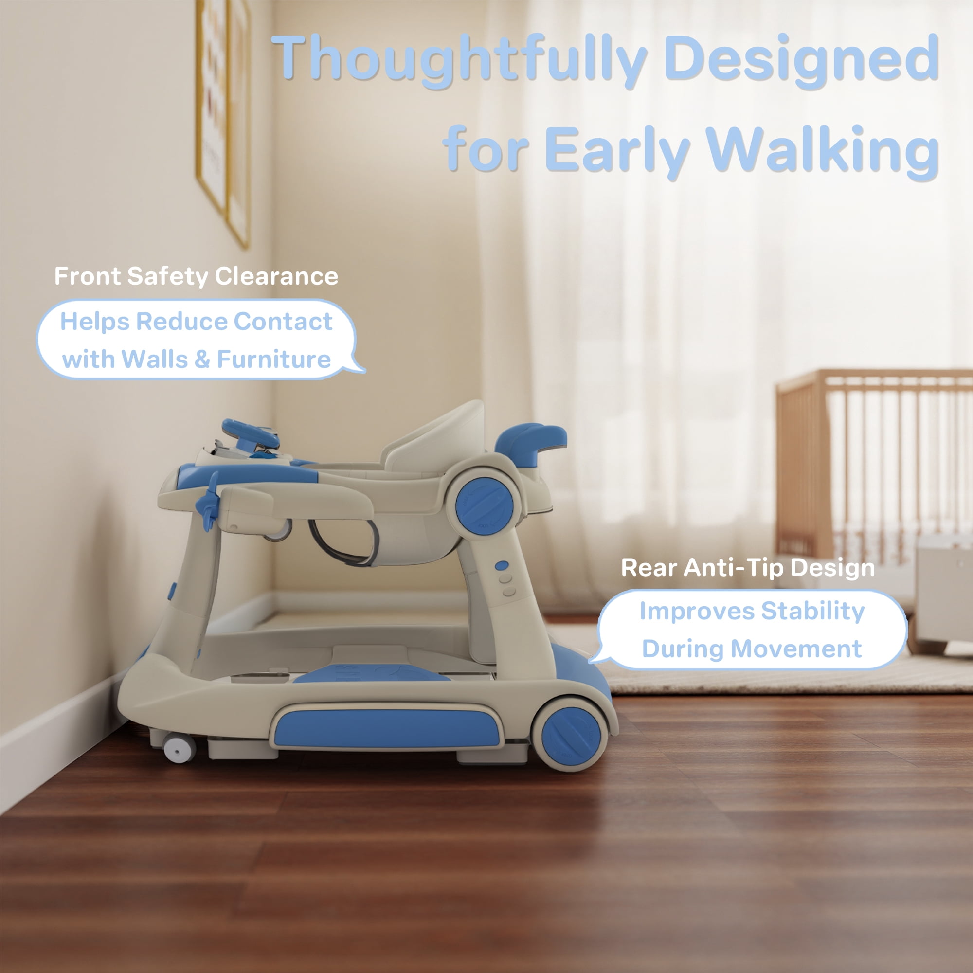 AILEEKISS 5-in-1 Musical Baby Walker with Wheels, Foldable Baby Walker for Boys Girls, Blue