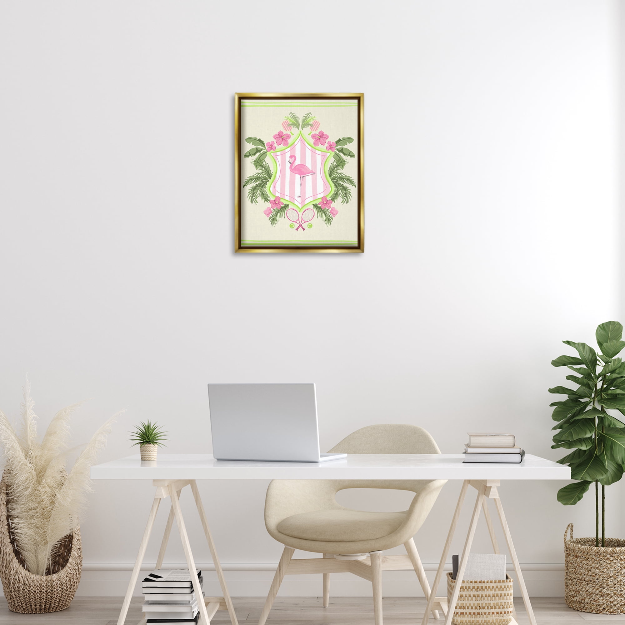 Stupell Industries Palm Beach Flamingo Emblem Sports Painting Gold Floater Framed Canvas Art Print Wall Art, 17 x 21