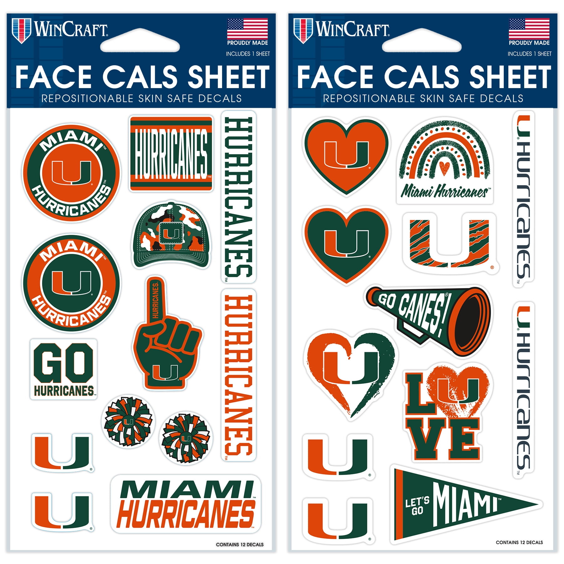 (2 pack) WinCraft NCAA Miami Hurricanes Team 4" x 7" Face Cal Assortment Pack