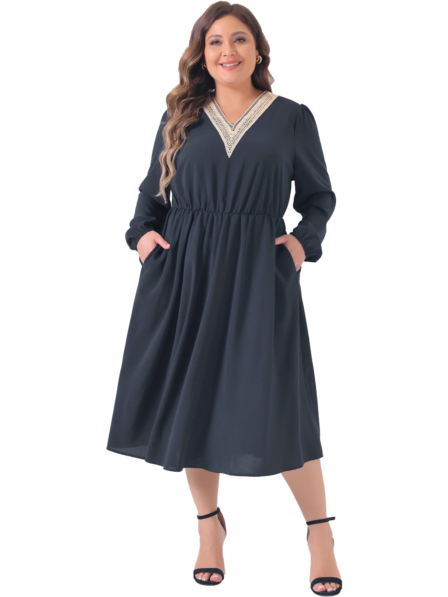 DARING DIVA Plus Size V Neck Long Sleeve Casual Midi Style Dress 3X Dark Blue