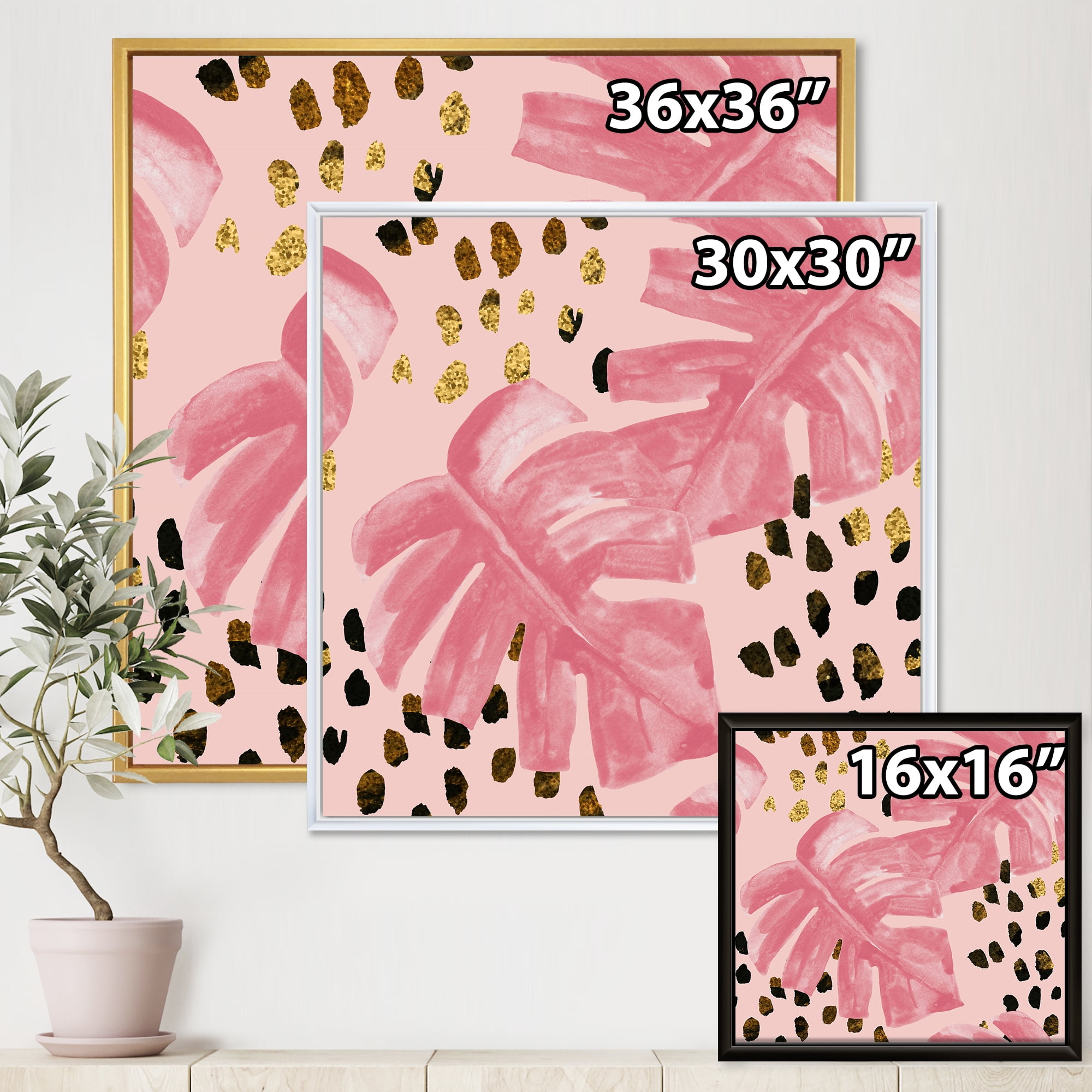 Designart 'Rough Brush Strokes Pink Colored Monstera I' Tropical Framed Canvas Wall Art Print