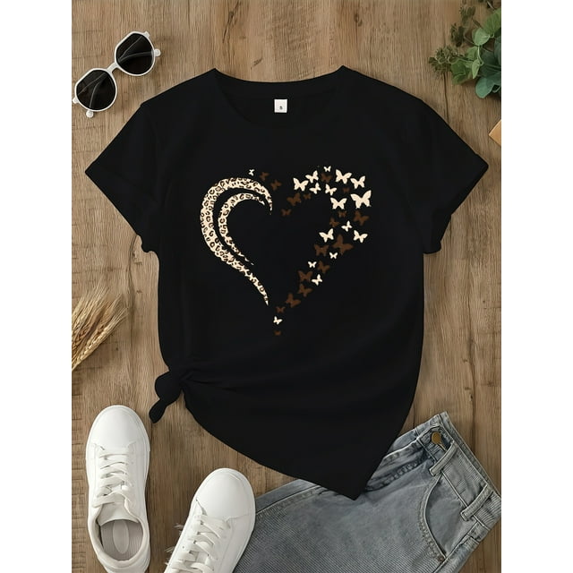 Women'S Casual Cotton T-Shirt with Heart Pattern, Crew Neck, Short Sleeve, Regular Fit, Knit Fabric - Spring/Summer/Fall Collection