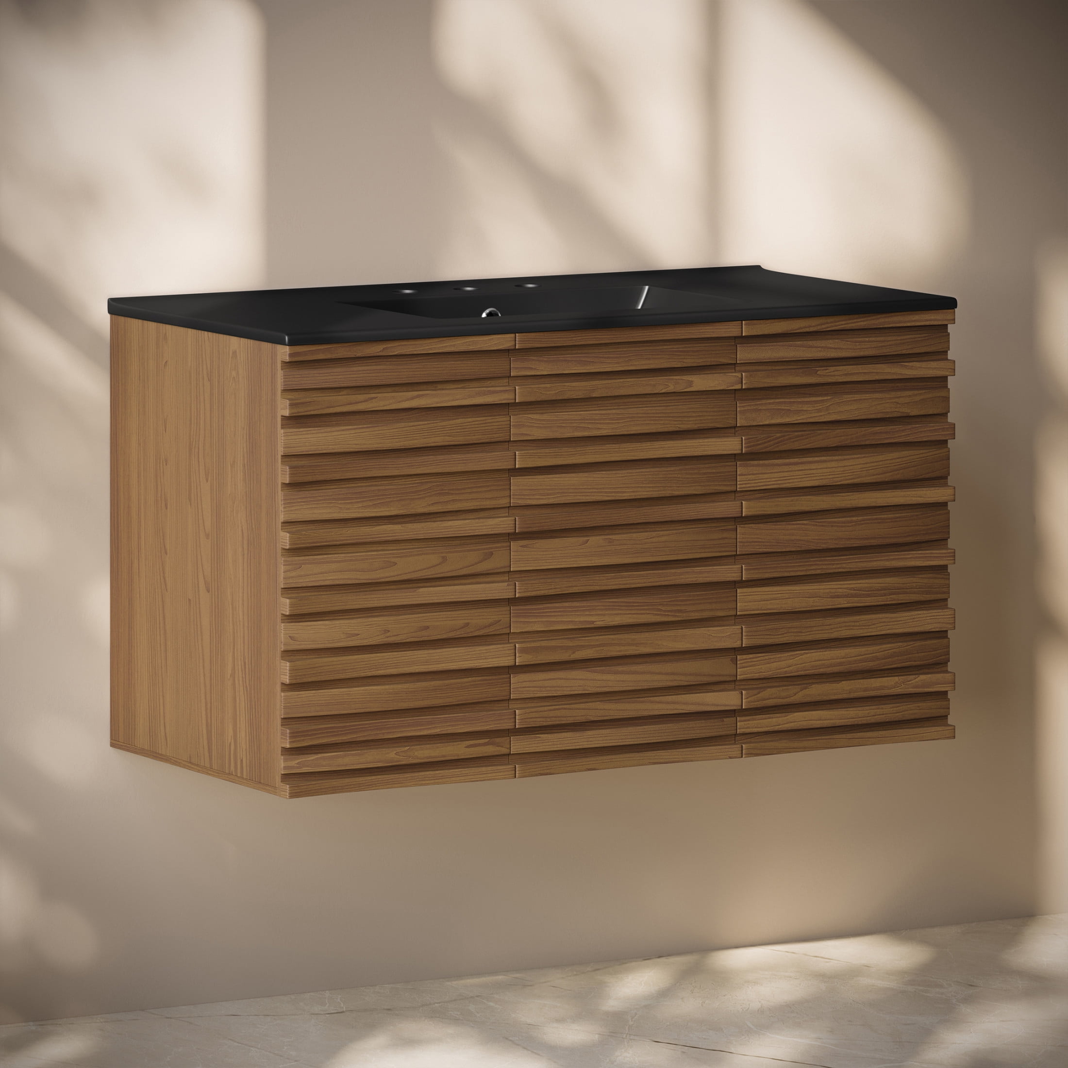 Cascade 36" Wall-Mounted Bathroom Vanity in Brown Oak with Black 3-Hole Widespread Sink Top