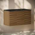 thumbnail image 3 of Cascade 36" Wall-Mounted Bathroom Vanity in Brown Oak with Black 3-Hole Widespread Sink Top, 3 of 6