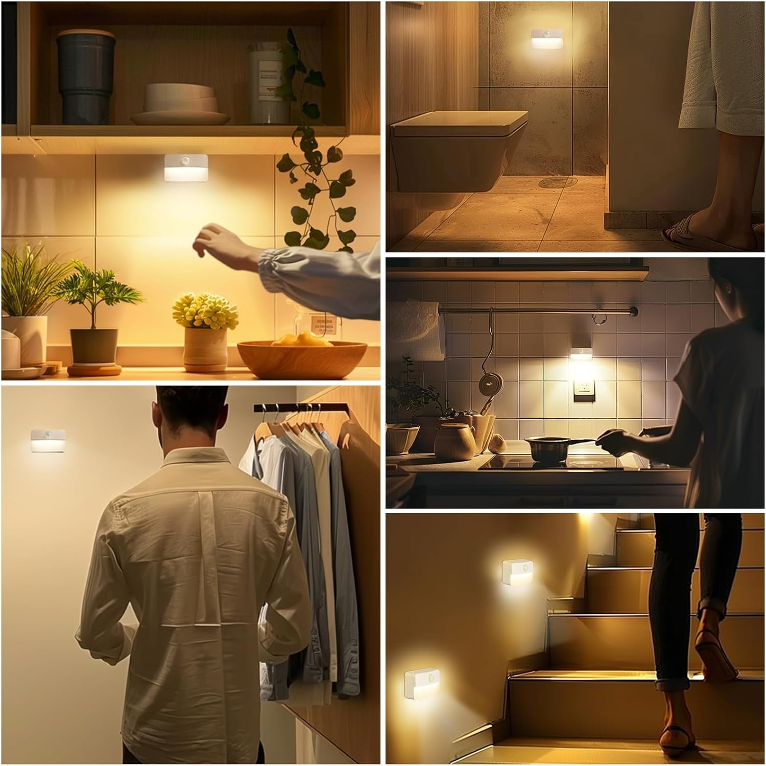 6 Pack Motion Sensor Night Light for Indoor:Battery Operated Stair Lights LED 3000k Step Lights - Motion Sensor Lamp for Cabinet Closet Hallway Bedroom Stairs (Battery Powered)