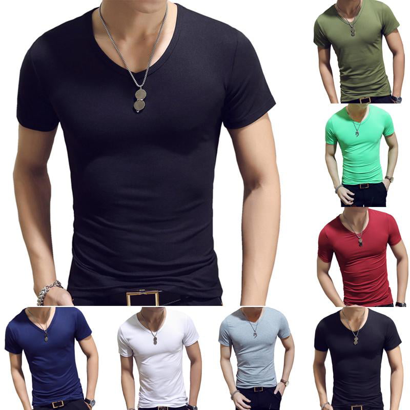 Mens Slim Casual Top T-Shirt Short Sleeve V-Neck Slim Fit Muscle Shirt Basic Tee