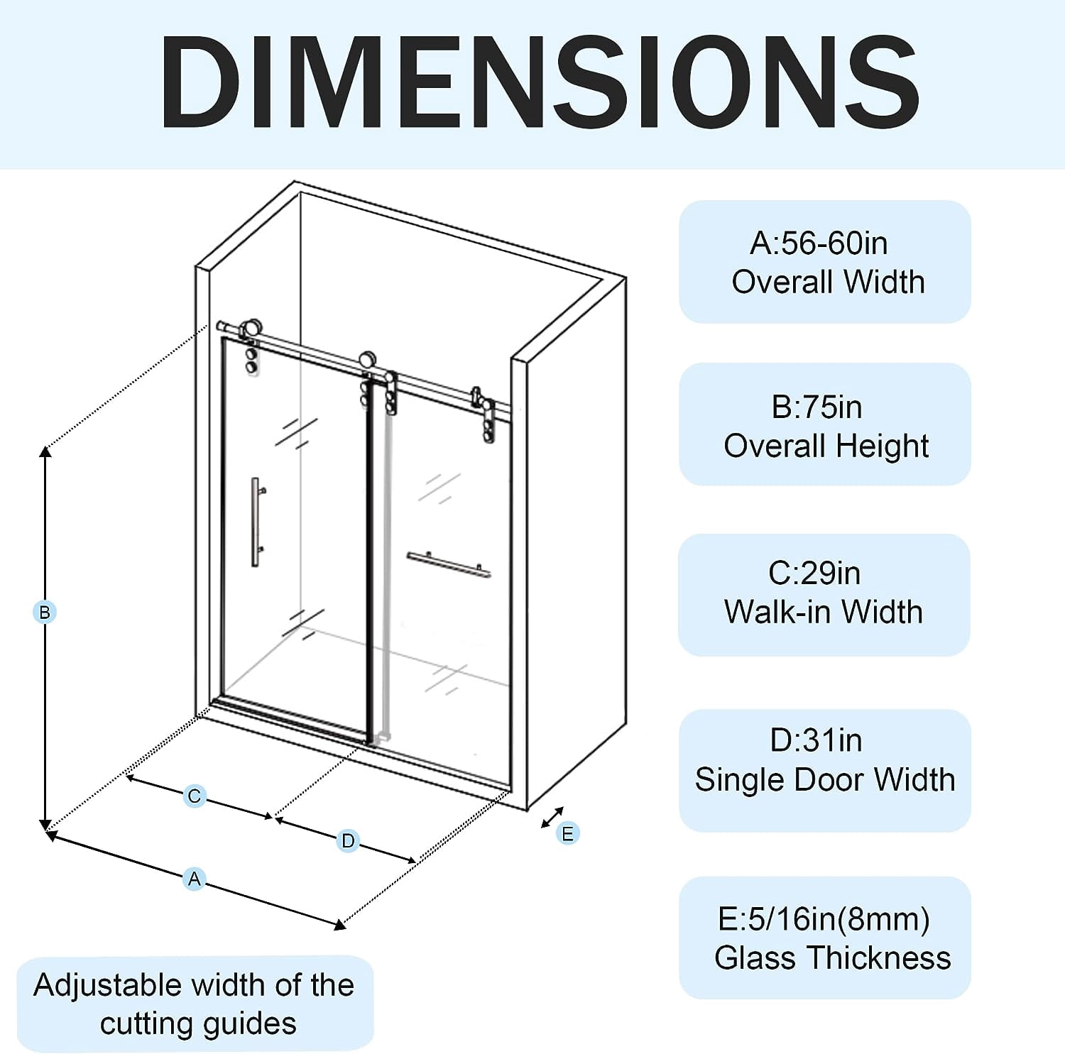 Kullavik Glass Shower Door, 56-60" W x 75" H Frameless Shower Door, Sliding Shower Door with 5/16" (8mm) Certified Clear Tempered Glass, Brushed Stainless Steel Hardware Shatterproof Shower Door