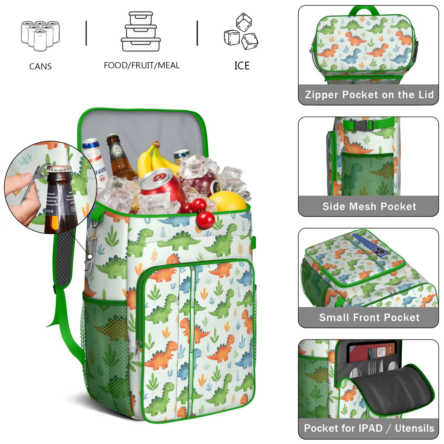 Travel Cooler Bag - LightGreen Cartoon Dinosaurs Leaves Pattern Camping Beer Cooler Backpack with Bottle Opener- Waterproof Insulated Picnic Backpacks - Cooler Bag for Beach