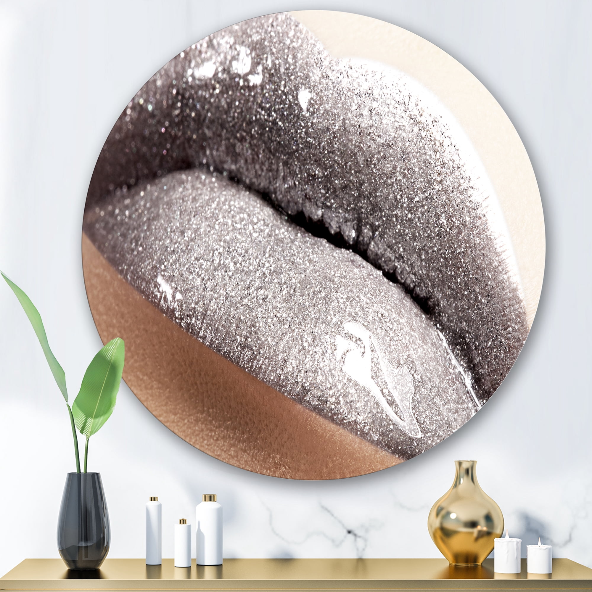 Designart 'Close Up of Female Lips With Glittering Silver' Modern Circle Metal Wall Art 29x29 - Disc of 29