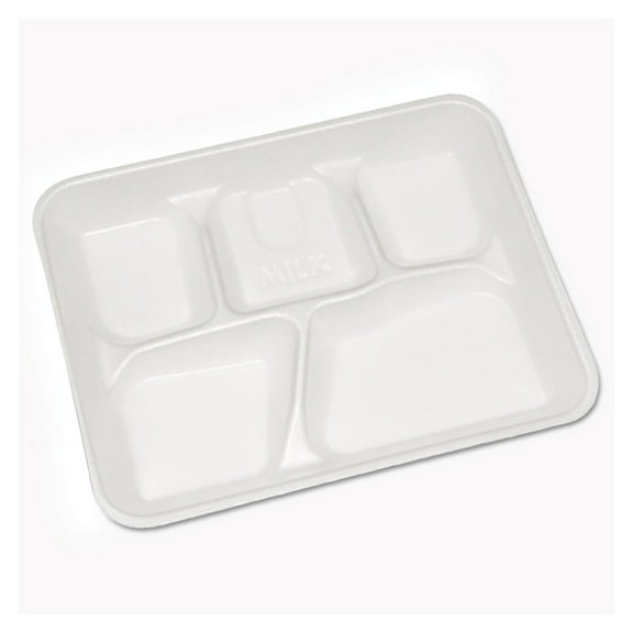 YTH10500SGBX Lightweight Foam School Trays, White, 5-Compartment, 8 1/4 x 10 1/2 (Case of 500)