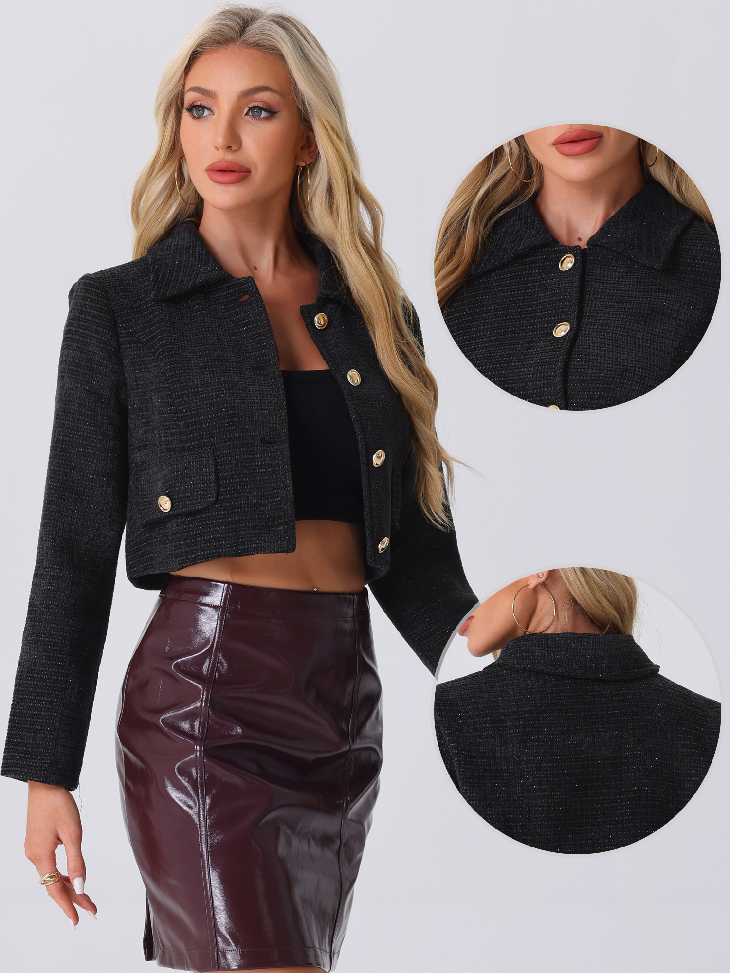 DARING DIVA Women's Button Blazer Casual Short Suit Collared Crop Tweed Jacket L Black