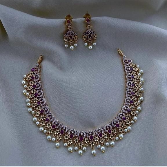 Ruby Pearl Necklace Set - South Indian Jewelry with Emerald Stones, Gold Plated Wedding & Party Necklace, Artificial Jewelry