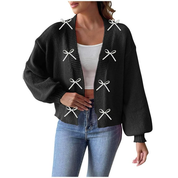 Hxshgdsn Cropped Knit Cardigan Sweaters For Women With Bow Tie Open Front Bell Sleeves Trendy Fall Outfits Black M