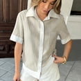 thumbnail image 5 of XPMWRP Striped Button Down Shirts for Women Short Sleeve Dress Shirts Collared V Neck Blouse Work Business Tops Khaki L, 5 of 9