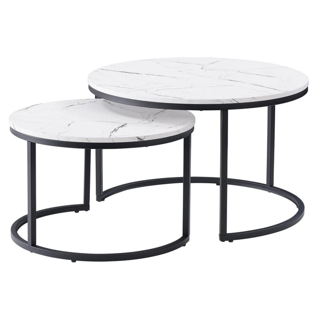 CorLiving Fort Worth tables Basses Rondes d'Intérieur Gigognes en Bois d'Ingénierie à Fini faux Marbre Blanc avec base en Acier Noir, Offert en Deux Tailles avec Dessus Lisse Effet Marbre et Cadres Circulaires en Acier Enduit de Poudre Noir, Convient pour Gagner de l'Espace dans les Salons Modernes.
