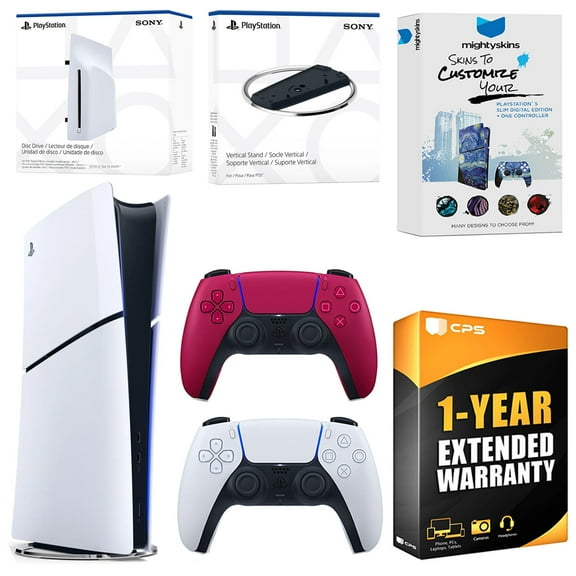Sony PlayStation 5 Slim Digital Bundle with Disc Drive, Extra Controller, Vertical Stand, MightySkins Voucher and 1 Year Extended Warranty - Cosmic Red