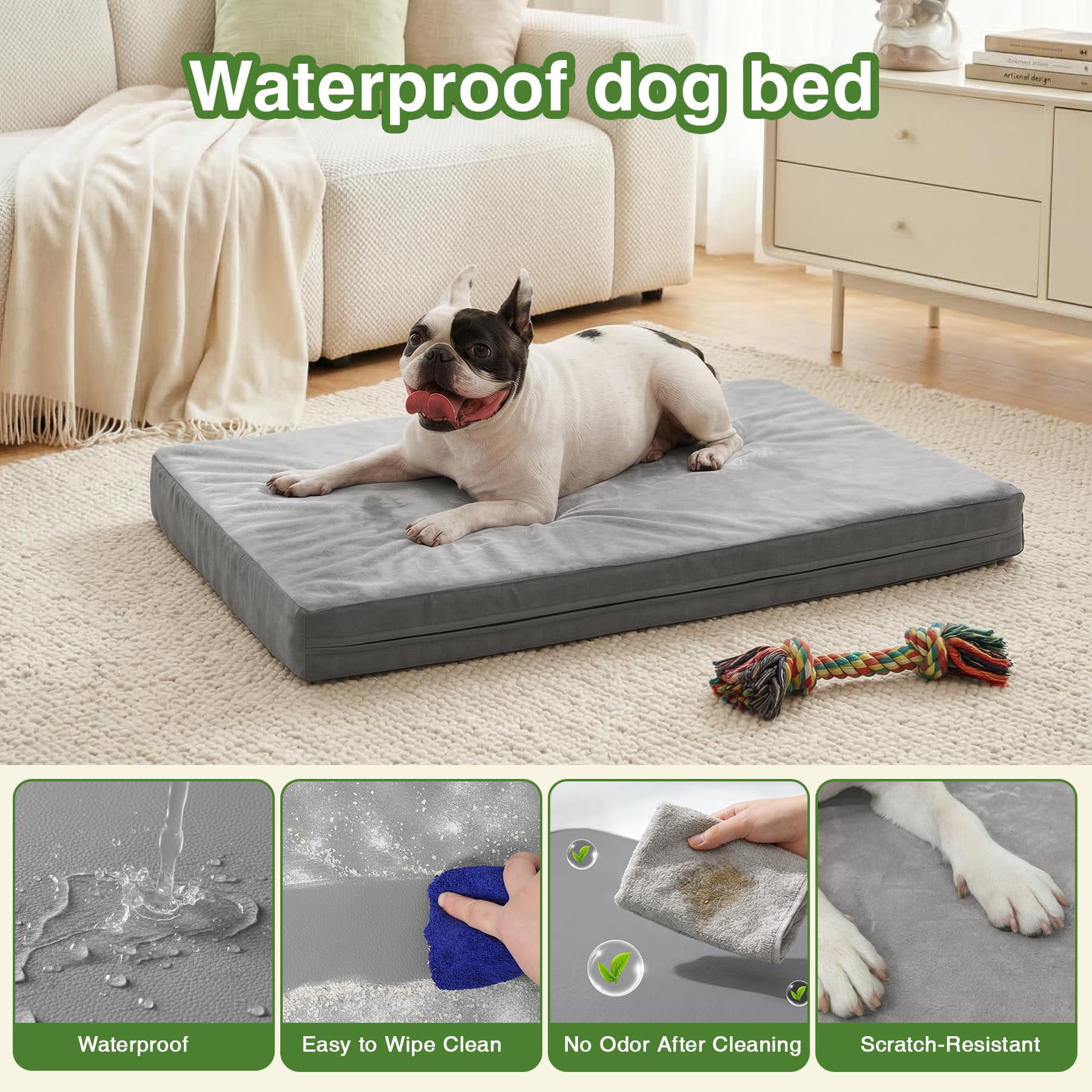 Waterproof Dog Bed Medium Size  Outdoor Washable Crate Pad 30 Inch Foam Pet With Removable Cover Reversible Anti-slip Kennel 29"x18" Gray