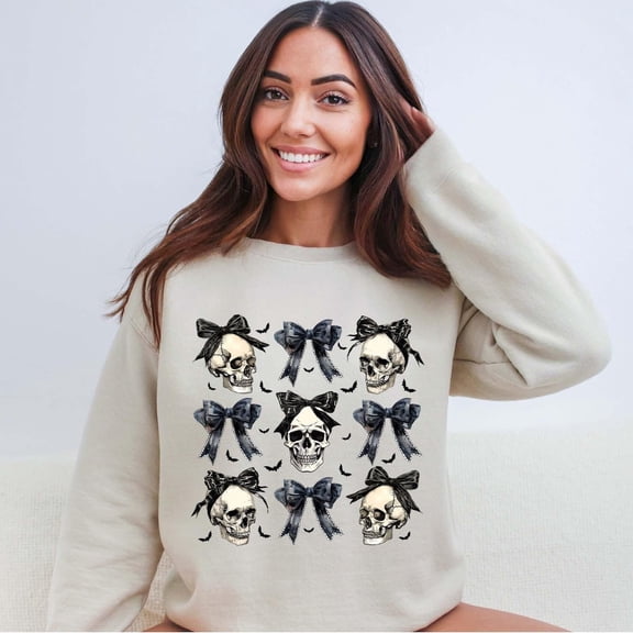 Women's Sweatshirt, Skull Black Bow Sweatshirt, Retro Sweater, Shirt, Fall Sweater, Spooky Season All Size S-5Xl