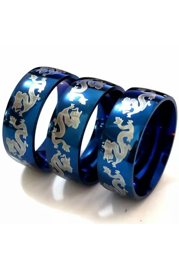 Hot 30pcs Blue 8mm Comfort-fit Vintage Stainless Steel Chinese Dragon Punk Rings