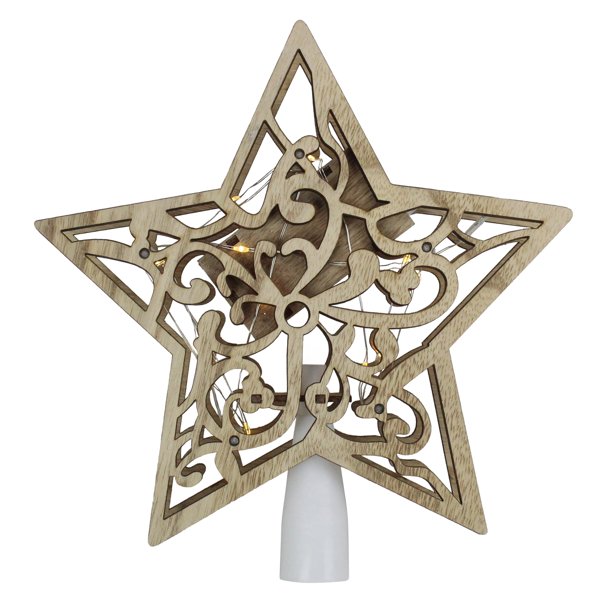 10" Lighted Battery Operated Wooden Star Christmas Tree Topper Clear