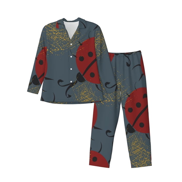 Balery Ladybug Pijama para Hombre de Dos Piezas con Manga Larga, Conjunto de Dormir y Descanso Suave con Bolsillos-Small