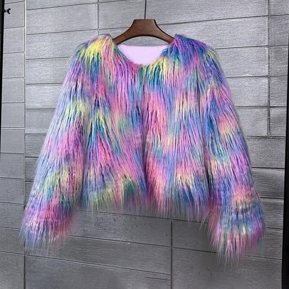 Olyvenn Winter Fluffy Faux Fur Coat Women's Shaggy Jacket Long Sleeve Outwear Colorful Cardigan Warm Short Coat Multicolor L
