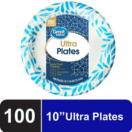 Great Value Ultra Disposable Paper Dinner Plates, White, 10 inch, 100 Plates, Patterned