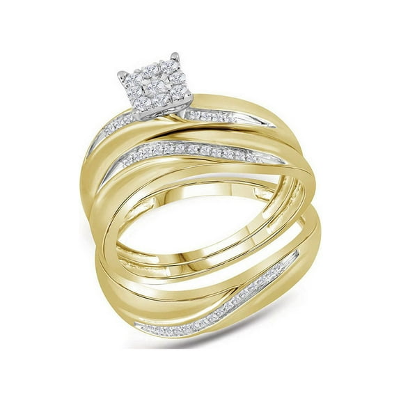 FB Jewels 10kt Yellow Gold His & Hers Round Diamond Cluster Matching Bridal Wedding Ring Band Set 1/5 Cttw