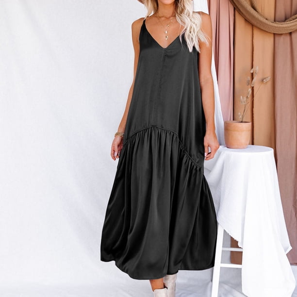 Puntoco Vestidos Mujer Verano Moda Mujer Verano Sólido V-Cuello Sin Mangas Suelto Sin Mangas Vestido De Tirantes