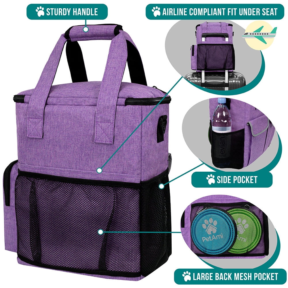 PetAmi Dog Travel Bag Pet Supplies Accessories Organizer For Traveling, Camping, Weekend; Cat Pet Travel Bag Kit includes 2 Food Storage Containers, 2 Collapsible Bowls, 1 Feeding Mat (Purple)