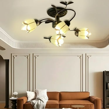 Lakiq Rustic Flower Vine Semi Flush Mount Ceiling Light Wrought Iron Light Fixtures Farmhouse 4 Lights