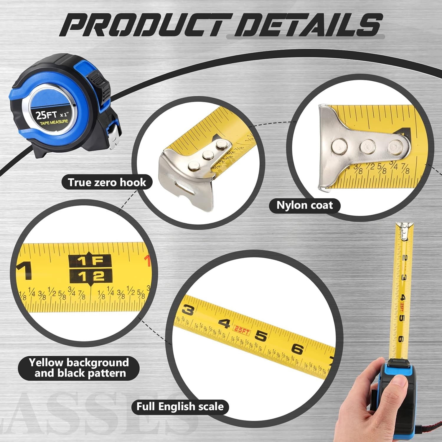 10 Pack Tape Measure with Fractions 1/8 Steel Measuring Tape Retractable Easy Read Measurement Ruler Steel Power Blade (25 ft X 1 in,Blue)
