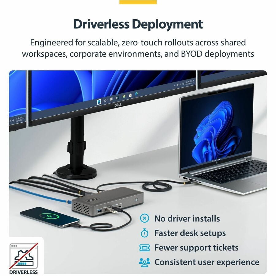 StarTech Triple-Monitor USB-C Docking Station, DP / HDMI, 4K 60Hz, 100W Laptop Charging, 1GbE, Driverless, Multi-Monitor Dock