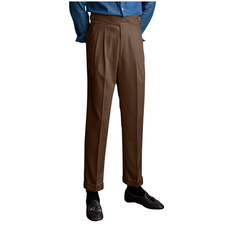 Juuyy Mens Cotton Solid Color Straight Leg Dress Pants Slim Fit Casual Business Formal Trousers with Pockets Button Office Long Pants Coffee XL, Men's