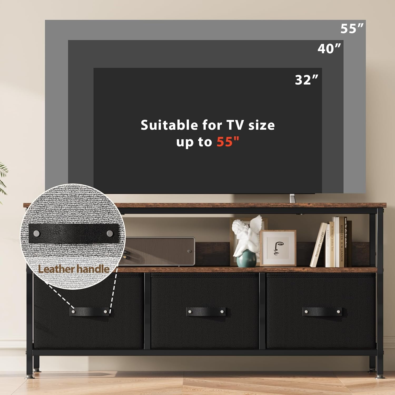 Homhougo 55 Inch TV Stand for Living Room, Dresser-Style TV Stand with 3 Drawers, Compact Entertainment Center with Storage Solutions, TV Console Table for Bedroom, Brown Finish with Black Drawers