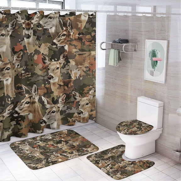 4Pcs Vintage Camouflage Deer Shower Curtain Sets, Bathroom Decor Set with Rugs, Bath Mat Camo Rustic Forest Animal Shower Curtain, 72 X 72 Inch