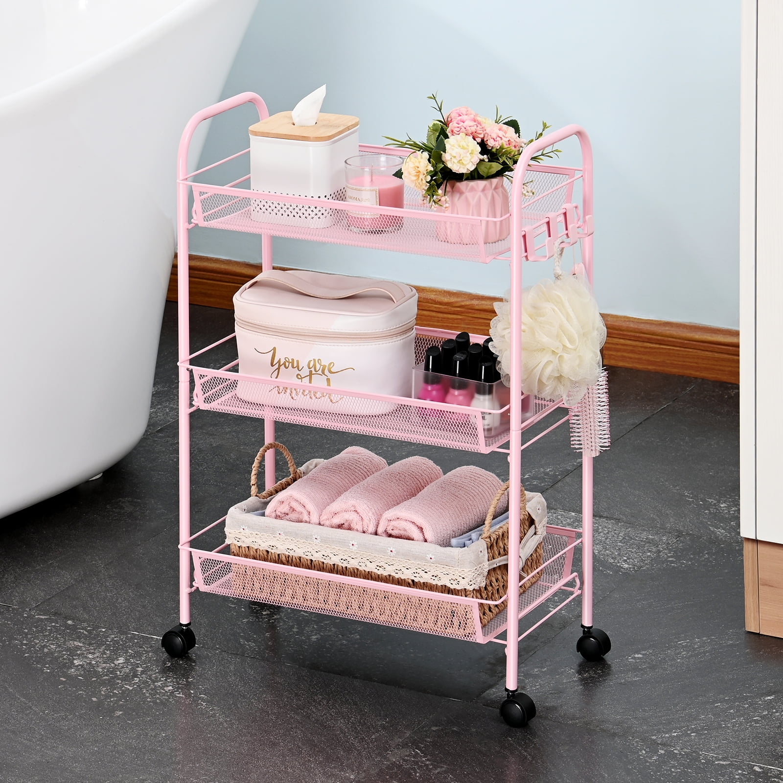 KK KINGRACK 3 Tier Rolling Cart Organizer, Mesh Cart with Wheels, Utility Cart for Office, School,Storage, Pink