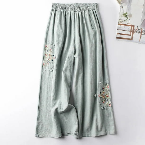 WILLBEST Pantalones Casuales Para Mujer, Culottes de Mujer, Pantalones de Pierna Ancha de Mezcla de Lino, Pantalones Palazzo Casuales Con Cintura Elástica y Bolsillos, Capri Para Un Uso Diario Cómodo.