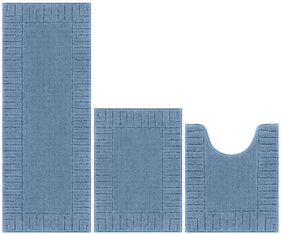 MeyJey Bathroom Rugs Set of 3 Piece, Bath Mats, Microfiber Non Slip Shaggy Ultra Soft Bathroom Runner with U Shaped Contour Toilet Mat for Bathroom, Shower Inside Floor, Blue