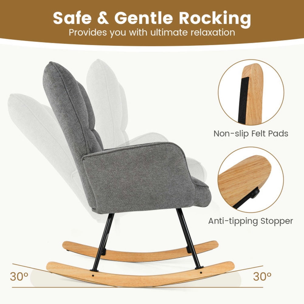 Finihen Rocking Chair, Modern Rocking Accent Chair, Linen Nursery Rocking Chair with High Backrest and Padded Armrests, for Living Room, Bedroom, Dorm, Gray