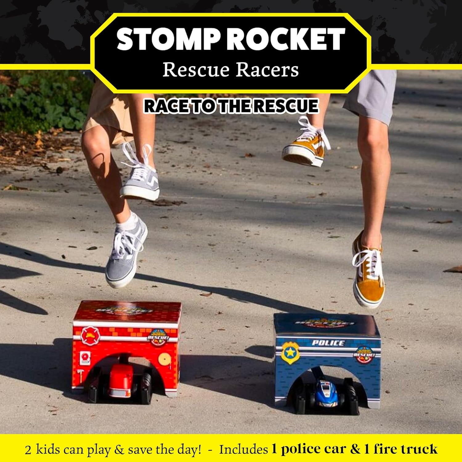 Stomp Rocket® Original Stomp Rescue Racers Launcher for Kids, 1 Police Car, 1 Fire Truck, 2 Toy Car Launchers, 2 Station Boxes and Stickers, Gift for Boys and Girls Ages 5 and up.
