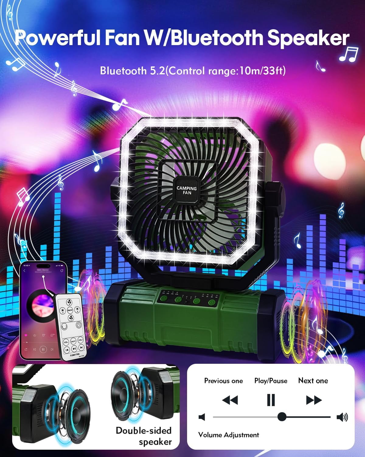 SuperRGB Portable Camping Fan, 20000mAh Rechargeable Battery Operated Fan with Bluetooth Speaker, LED Light & Remote, 4 Speeds, Timer & Hook for Tent, Outdoor, Travel, Green