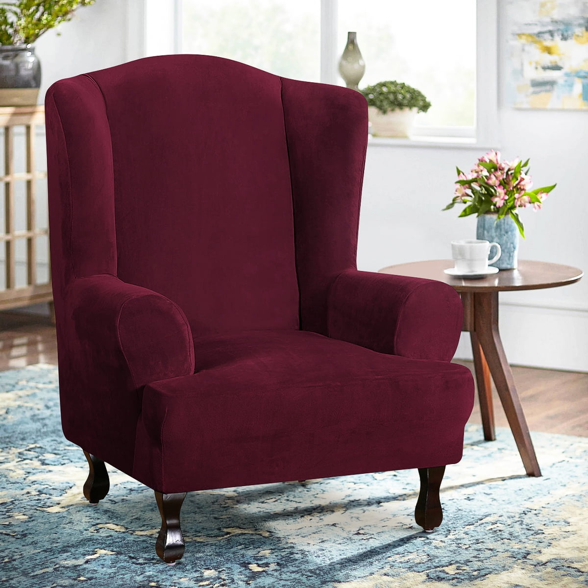 Velvet Plush Stretch Wingback Chair Covers Wing Chair Slipcover Wing Chair Covera Furniture